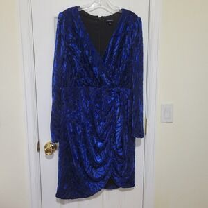 Torrid Blue Black Velvet Burnout Wrap Front Ruched Sheath Dress Size 14 Cocktail